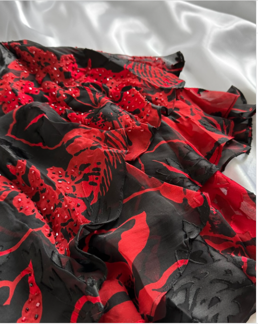 Robe de soirée longue en mousseline de soie, noire et rouge, à fleurs et perles, élégante, robe d'anniversaire, robe de soirée, gh4446