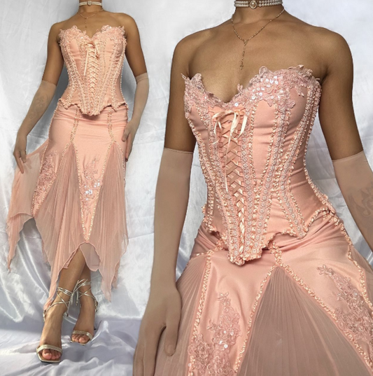 Robe de soirée longue en mousseline de soie rose pâle, robe de bal, robe de soirée élégante, robe d'anniversaire, robe de soirée, ensemble deux pièces gh4447