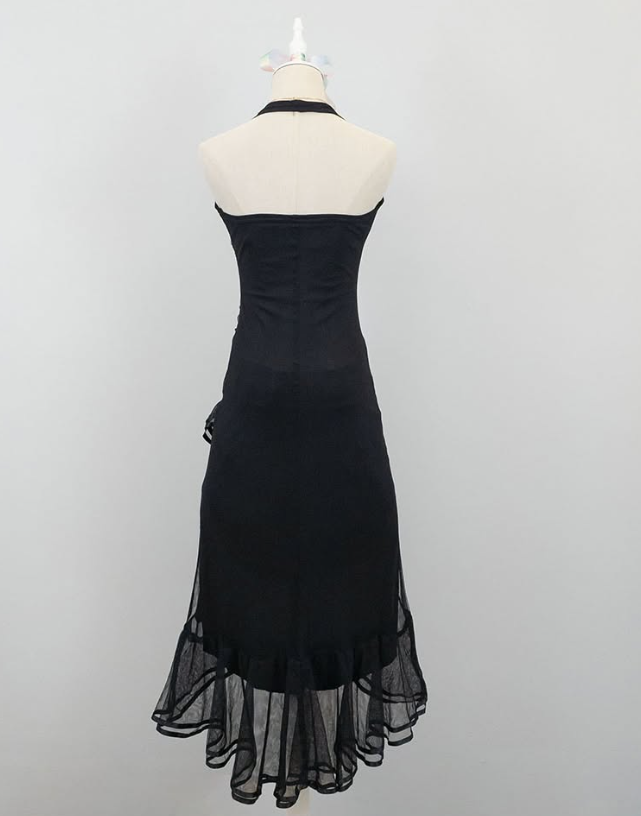 Robe de bal longue/mi-longue en mousseline de soie, noire, vintage, col licou, broderie florale rose, gh4652