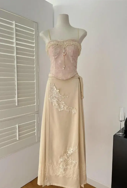 Pink Vintage Floral Applique Long Ball Gown Evening Dress Two Piece Set gh4656