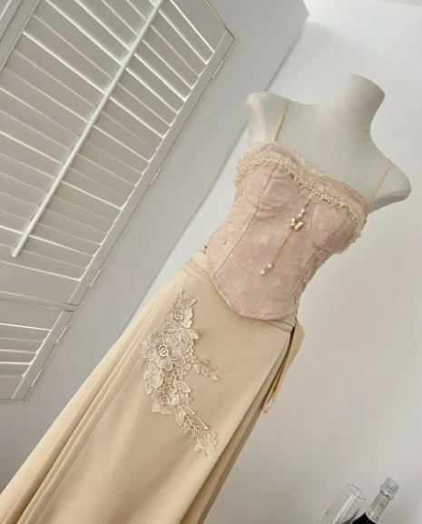 Pink Vintage Floral Applique Long Ball Gown Evening Dress Two Piece Set gh4656