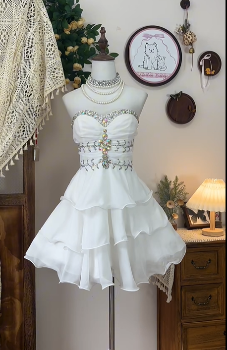 White Beaded Short Chiffon Homecoming Dress Party Dress Prom Dress gh4701