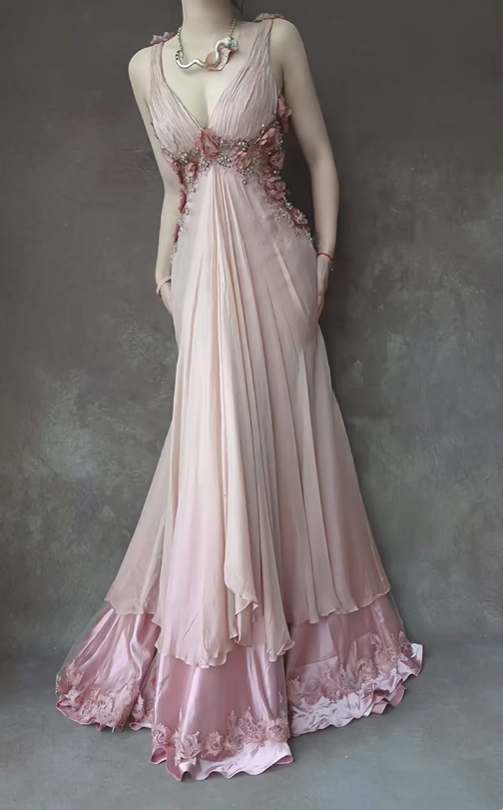 Pink Floral Beaded Long Chiffon Ball Gown Evening Dress Party Dress gh4703