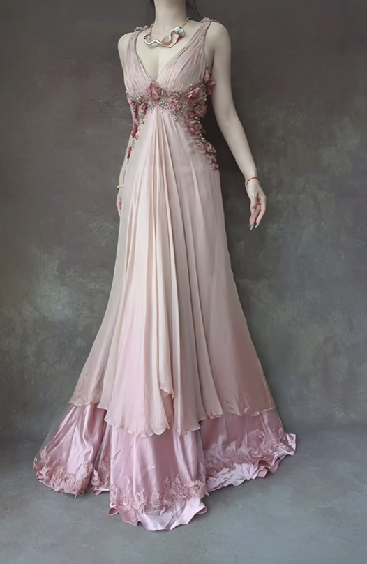 Robe de soirée longue en mousseline de soie rose à fleurs et perles gh4703