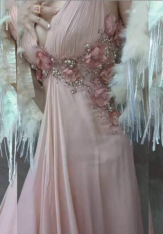 Pink Floral Beaded Long Chiffon Ball Gown Evening Dress Party Dress gh4703