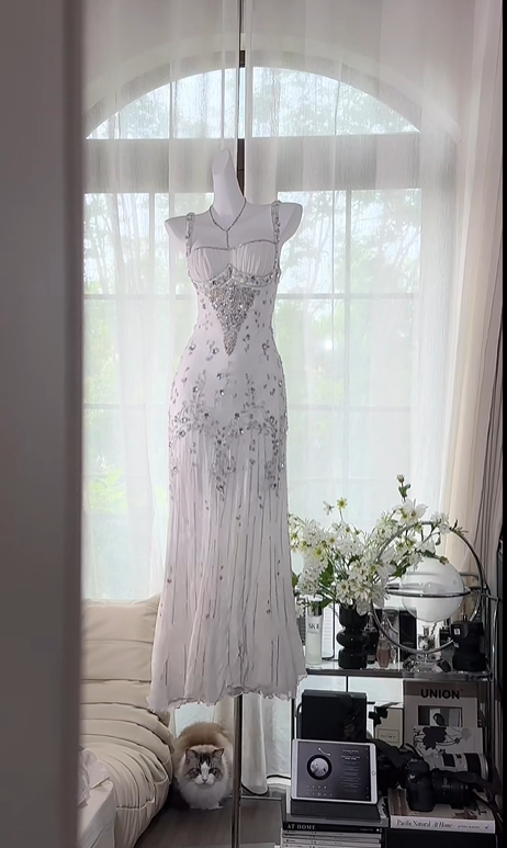 White Shiny Beaded Long Chiffon Ball Gown Evening Gown Party Dress gh4746