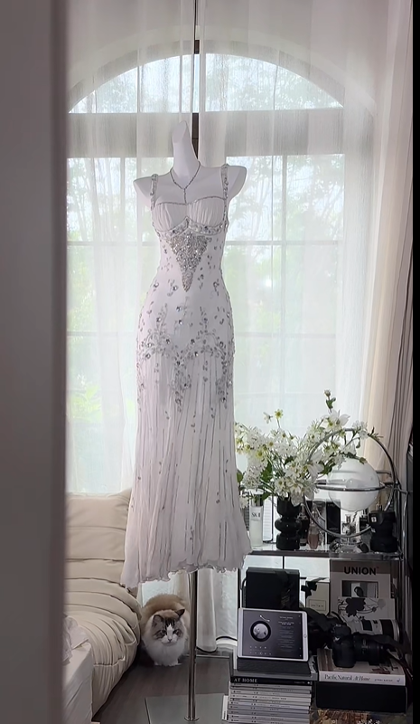 White Shiny Beaded Long Chiffon Ball Gown Evening Gown Party Dress gh4746