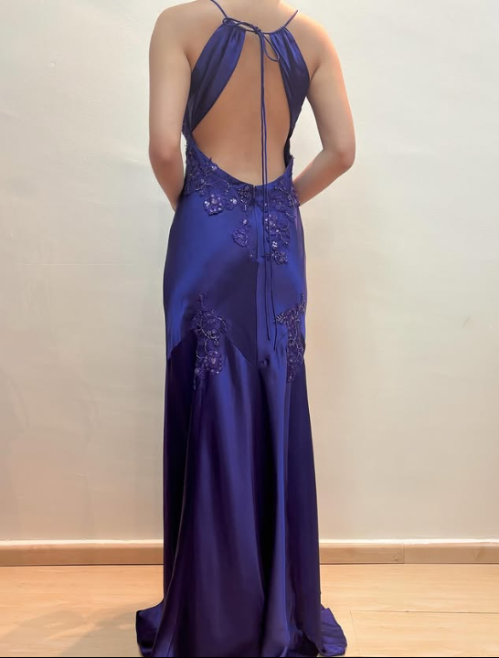 Purple Beaded Long Satin Ball Gown Evening Dress Party Dress gh4811