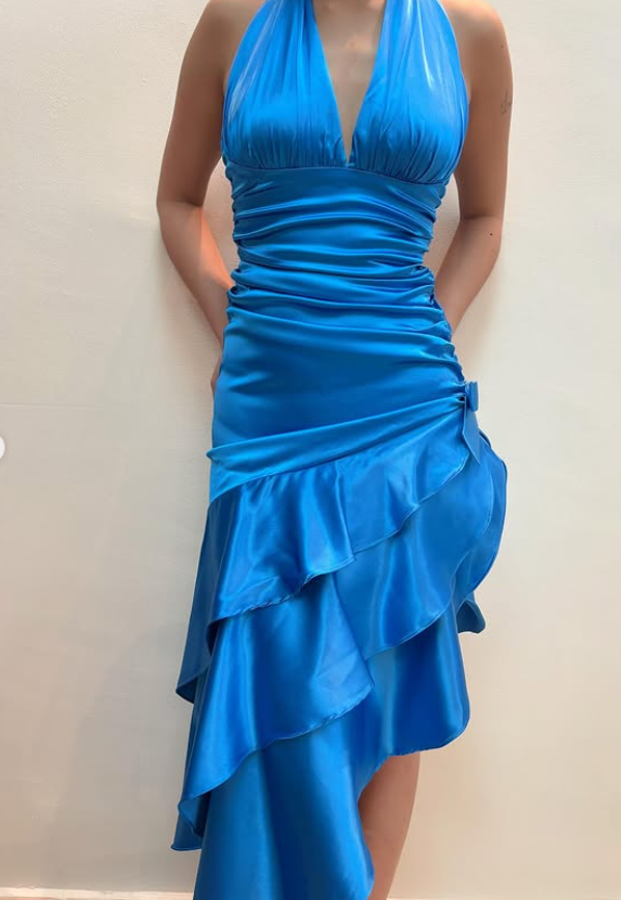 Blue Ruffle Satin Homecoming Dress Fashion Birthday Party Dress gh4813