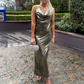 Green Fashion Elegant Spaghetti Strap Long Satin prom dress Evening Dress Wedding Guest Party Dress gh3111