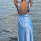 Blue simple elegant V-neck long satin ball gown evening dress gh3165