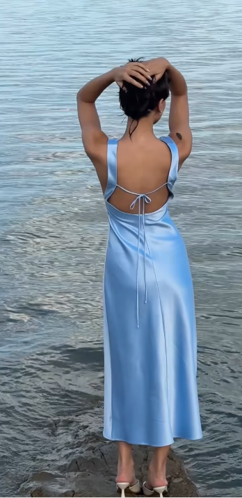 Blue simple elegant V-neck long satin ball gown evening dress gh3165