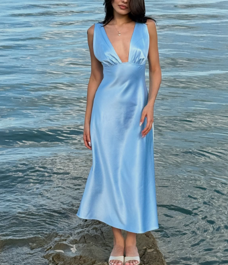 Blue simple elegant V-neck long satin ball gown evening dress gh3165