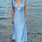 Blue simple elegant V-neck long satin ball gown evening dress gh3165