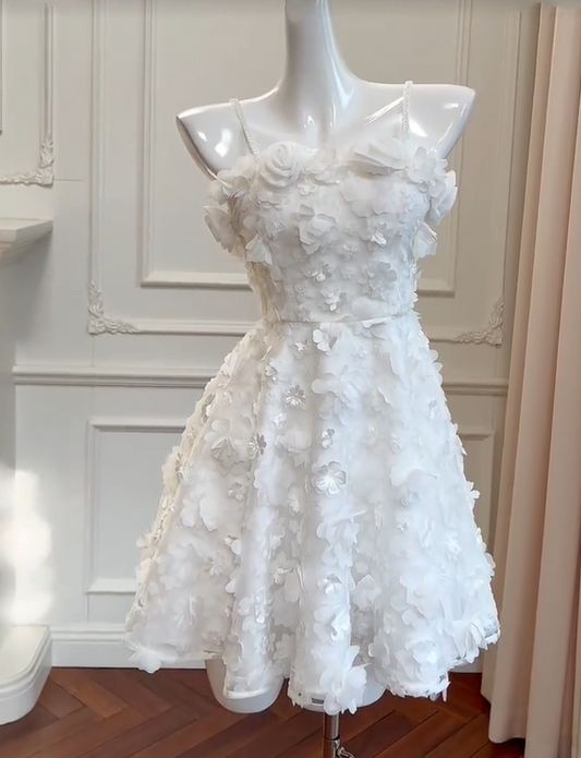 Girlhomeshops -White three-dimensional flower tube top sweet cute short chiffon homecoming dress birthday party dress gh5098