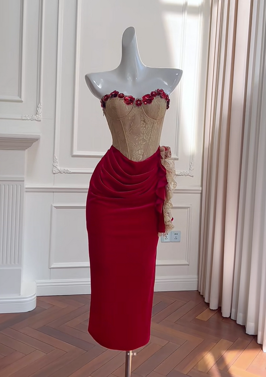 Girlhomeshops -Red vintage velvet floral short homecoming dress birthday party dress Prom dress gh5102