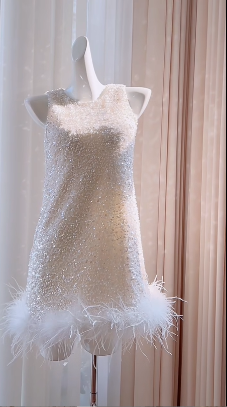 Girlhomeshops -White shiny sequined feather short homecoming dress birthday party dress Prom dress gh5103