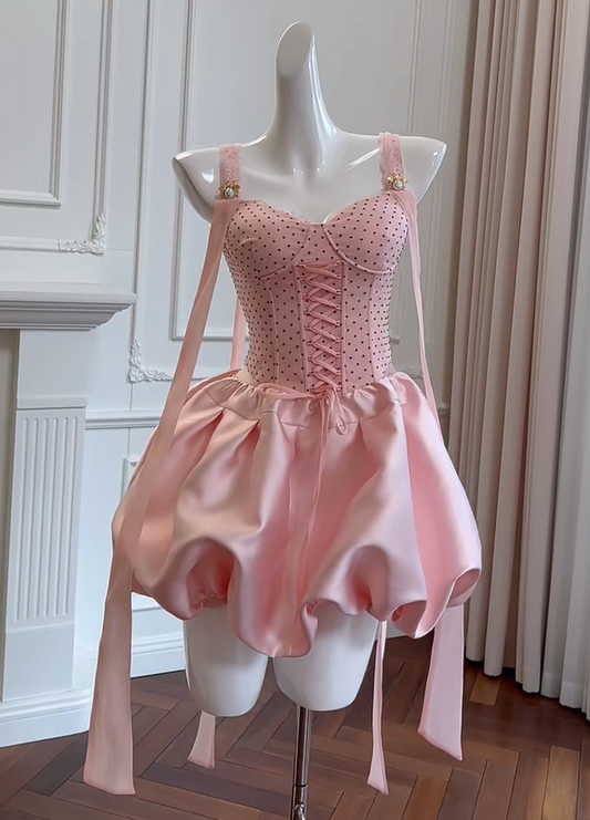 Girlhomeshops -Cherry Blossom Pink Bud Short Satin Lace Homecoming Dress Birthday Party Dress Prom Dress gh5104