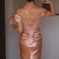Pink vintage pearl beading long satin formal Prom dress evening dress party dress bridesmaid dresses gh4899