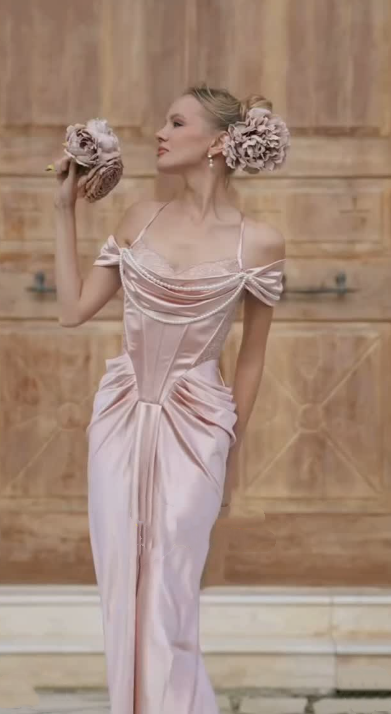 Pink vintage pearl beading long satin formal Prom dress evening dress party dress bridesmaid dresses gh4899