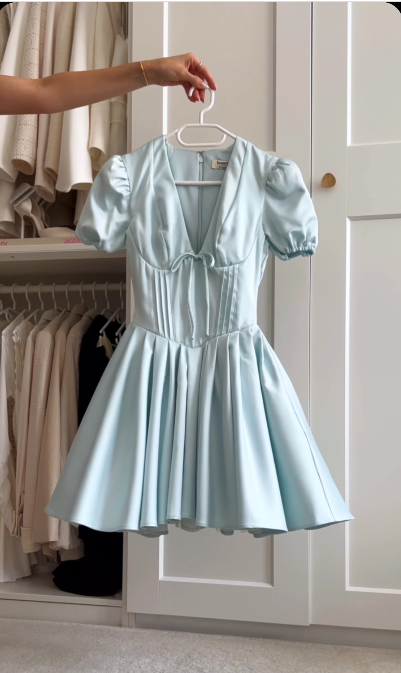 Girlhomeshops-Blue Sweet Fashion V-Neck Short Satin Homecoming Dress Birthday Party Dress gh5249