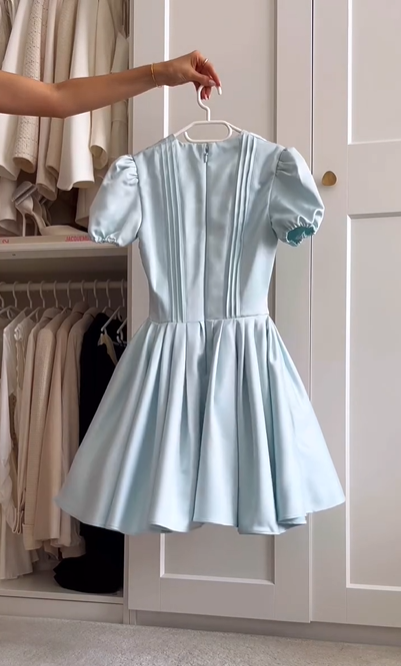 Girlhomeshops-Blue Sweet Fashion V-Neck Short Satin Homecoming Dress Birthday Party Dress gh5249