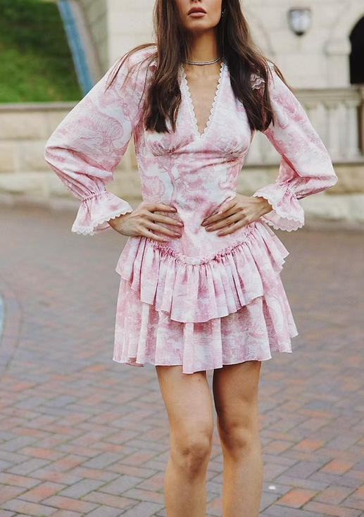 Girlhomeshops-Pink floral long sleeves fashion sweet short chiffon backless homecoming dress birthday dress gh5272