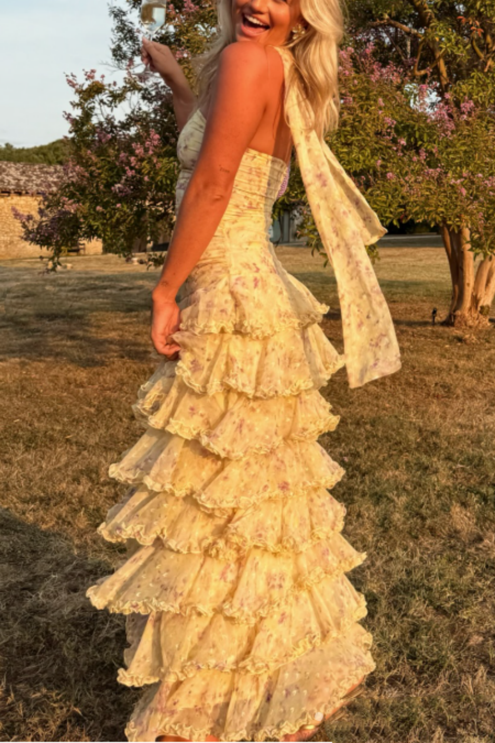 (Dress fabrics are out of stock, only other floral fabrics can be made)Girlhomeshops-Yellow floral long chiffon party dress wedding guest dress gh5202
