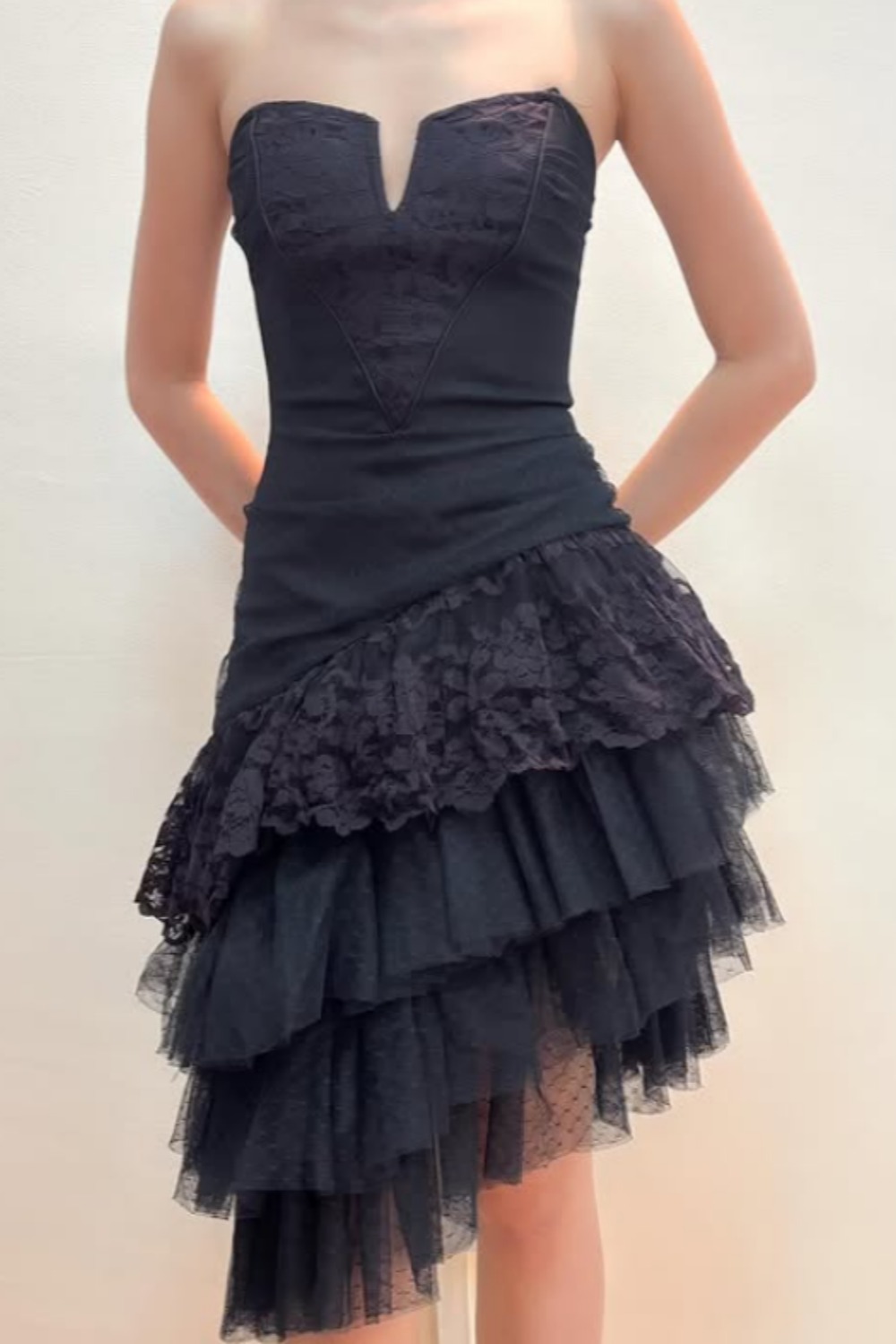 Girlhomeshops--Black Lace Midi Chiffon Homecoming Dress gh5529