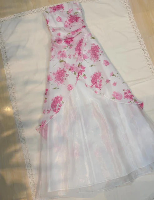 Girlhomeshops - Robe de bal longue en mousseline de soie rose à fleurs exquises, robe de soirée, robe de fée gh5680