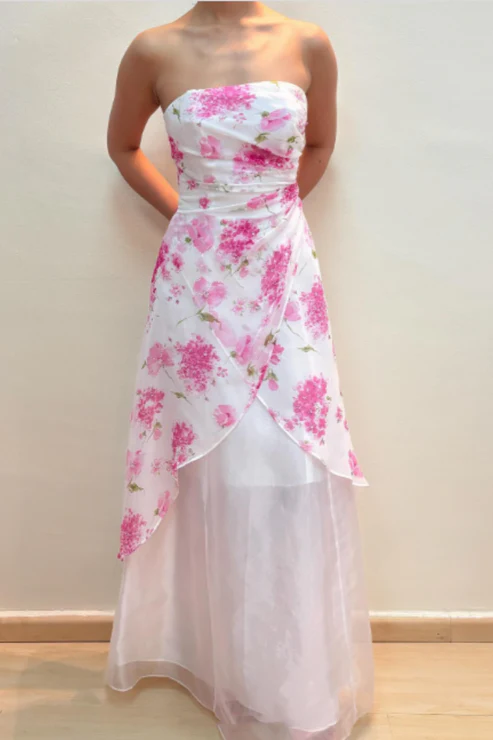 Girlhomeshops - Robe de bal longue en mousseline de soie rose à fleurs exquises, robe de soirée, robe de fée gh5680