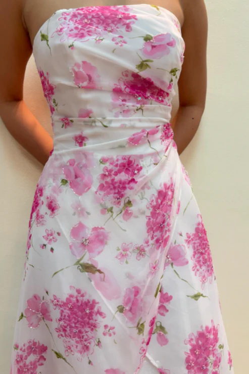 Girlhomeshops - Robe de bal longue en mousseline de soie rose à fleurs exquises, robe de soirée, robe de fée gh5680