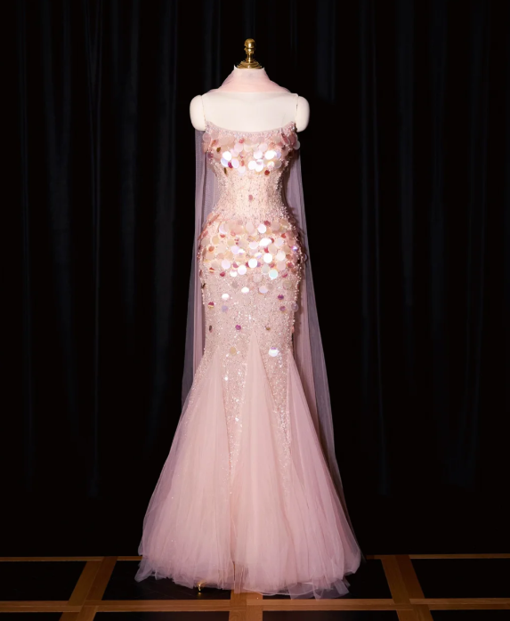 Girlhomeshops - Robe de soirée sirène rose longue en tulle à paillettes gh5701