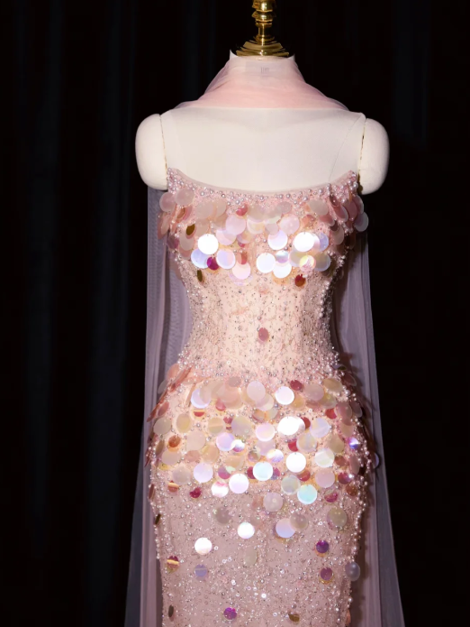 Girlhomeshops - Robe de soirée sirène rose longue en tulle à paillettes gh5701