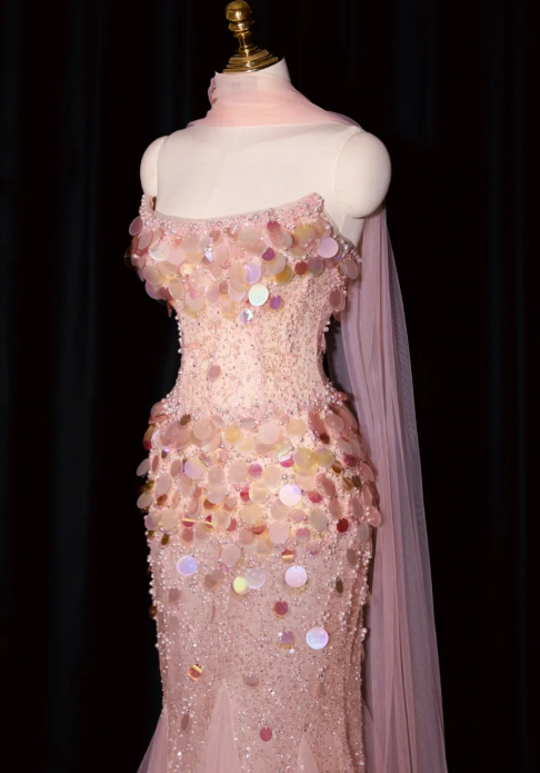 Girlhomeshops - Robe de soirée sirène rose longue en tulle à paillettes gh5701