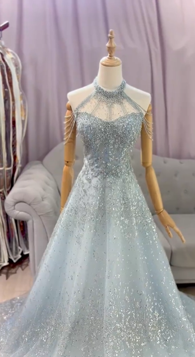Light blue elegant gorgeous exquisite beaded long Tulle shining ball gown evening dress wedding dress gh4353