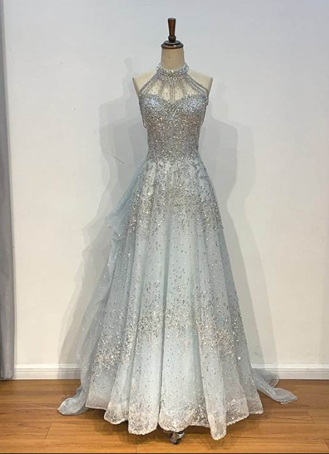 Light blue elegant gorgeous exquisite beaded long Tulle shining ball gown evening dress wedding dress gh4353