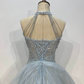 Light blue elegant gorgeous exquisite beaded long Tulle shining ball gown evening dress wedding dress gh4353