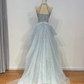 Light blue elegant gorgeous exquisite beaded long Tulle shining ball gown evening dress wedding dress gh4353