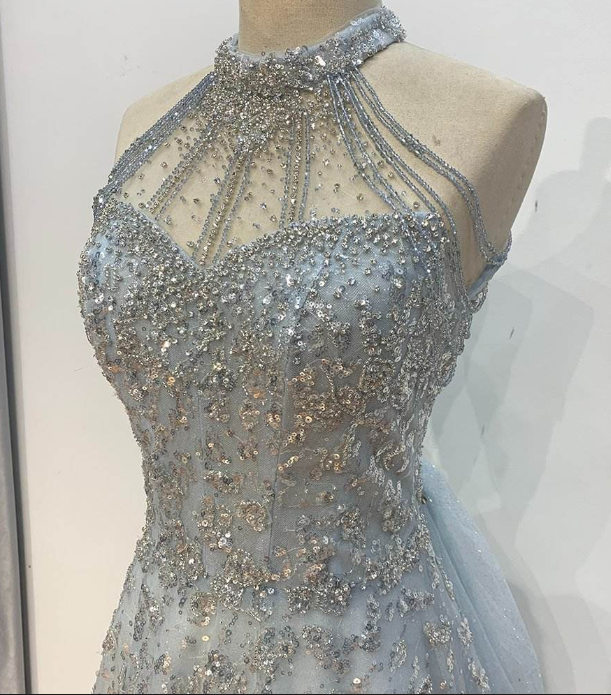 Light blue elegant gorgeous exquisite beaded long Tulle shining ball gown evening dress wedding dress gh4353