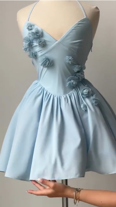 girlhomeshops-Blue Short Floral Satin Spaghetti Strap Homecoming Dress gh5779