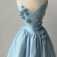 girlhomeshops-Blue Short Floral Satin Spaghetti Strap Homecoming Dress gh5779