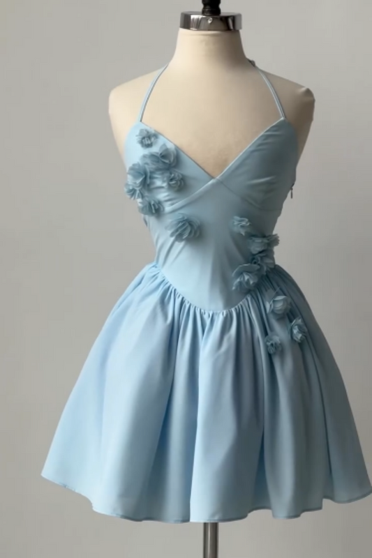 girlhomeshops-Blue Short Floral Satin Spaghetti Strap Homecoming Dress gh5779