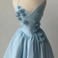 girlhomeshops-Blue Short Floral Satin Spaghetti Strap Homecoming Dress gh5779