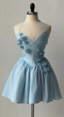 girlhomeshops-Blue Short Floral Satin Spaghetti Strap Homecoming Dress gh5779