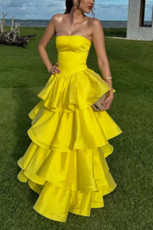 girlhomeshops - Robe de bal longue jaune élégante et simple à superpositions gh5783