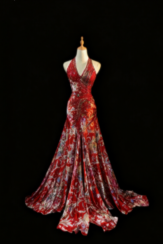 girlhomeshops-Red floral exquisite long trailing prom dress evening dress  gh5824