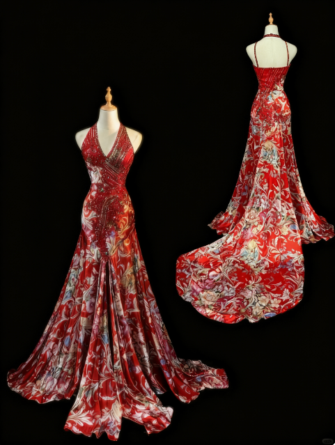 girlhomeshops-Red floral exquisite long trailing prom dress evening dress  gh5824