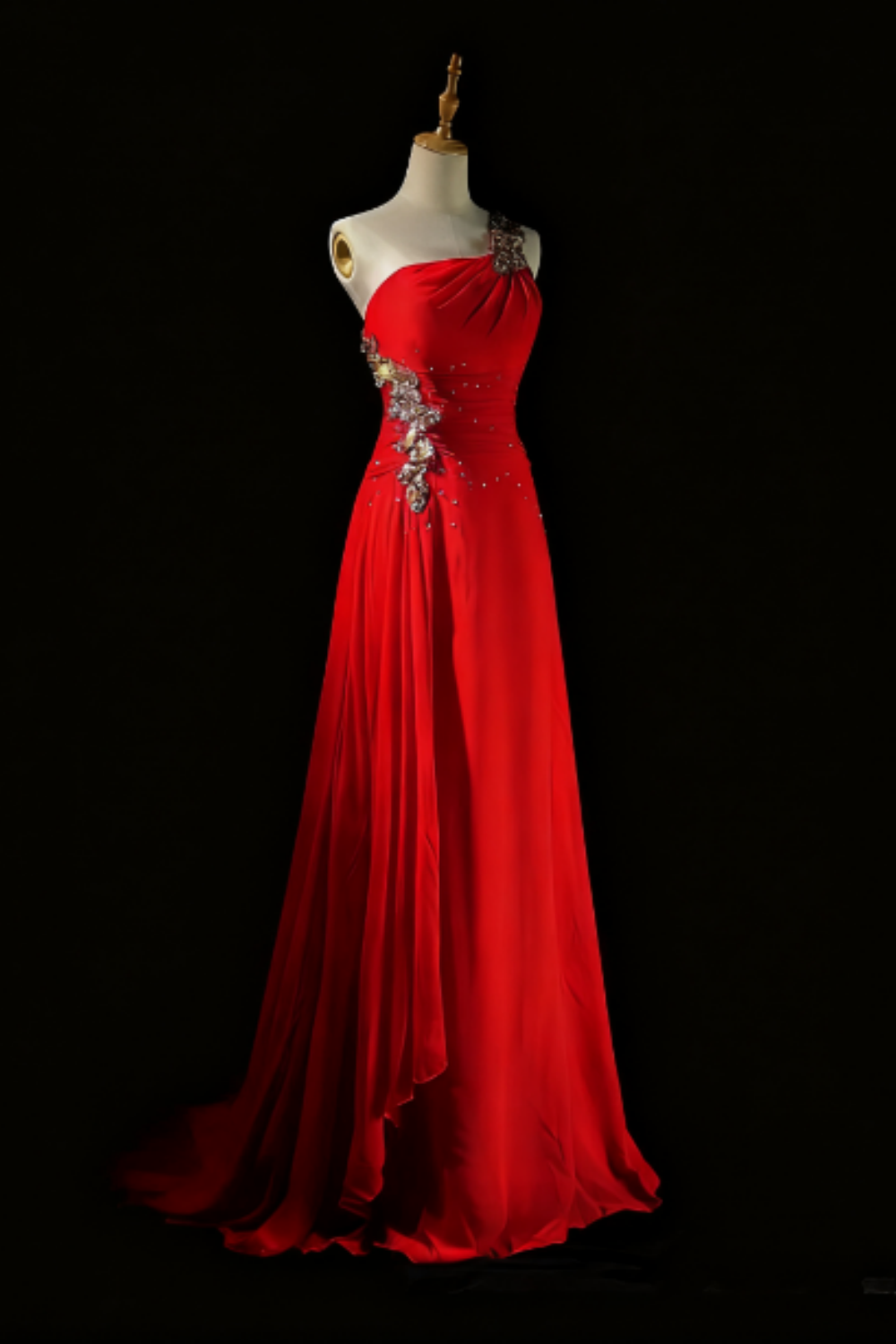 girlhomeshops-Glamouröses, glänzendes, rotes Ballkleid mit einer Schulter und Kristallen, gh5849