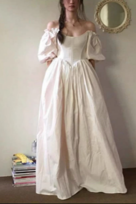 girlhomeshops-Weißes, schlichtes, lässiges, modisches, langes Ballkleid mit künstlerischen Puffärmeln, Umstandskleid gh5851